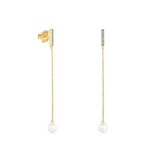 Pendientes largos barra con baño de oro 18 kt sobre plata, diamantes y perla Nocturne