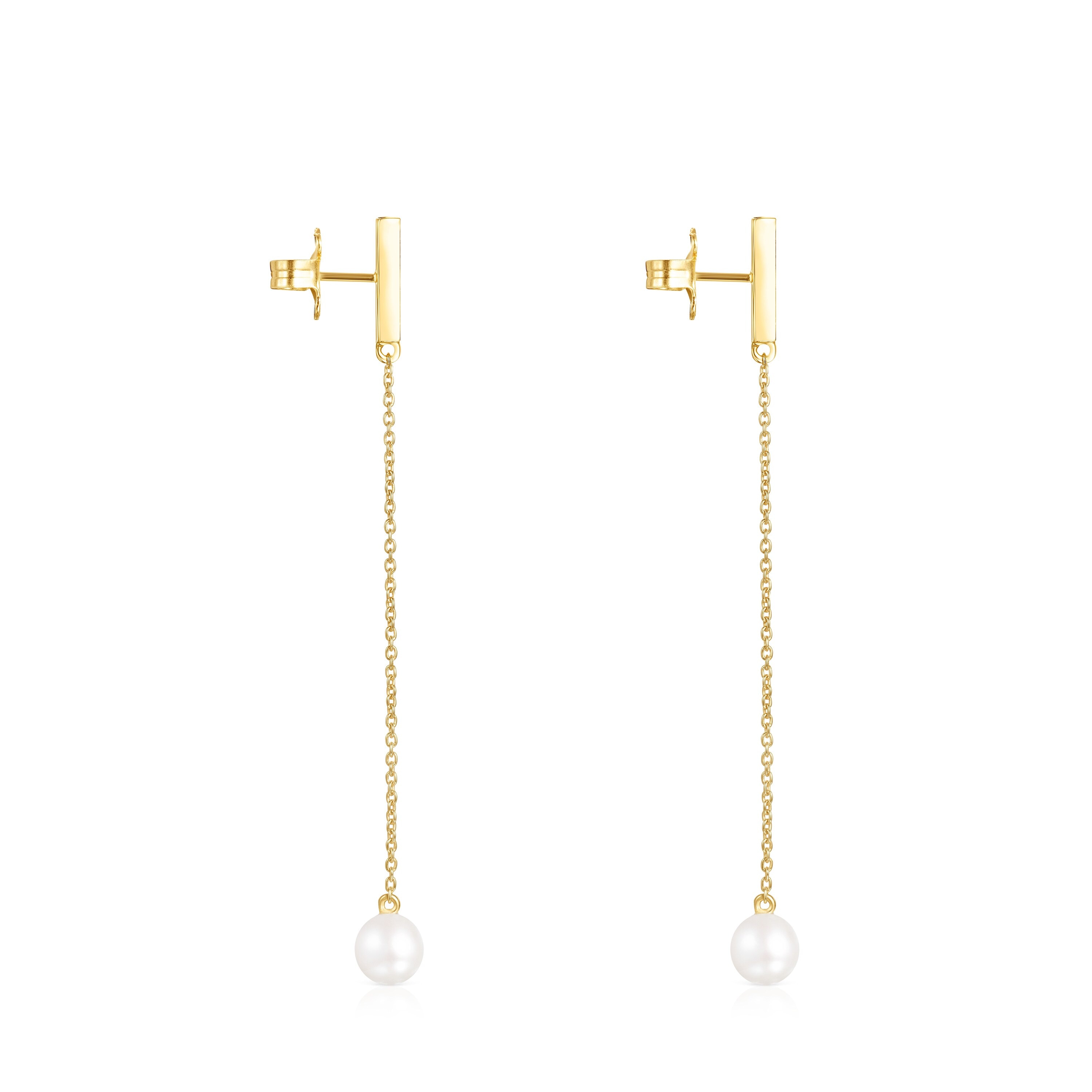 Long Nocturne bar Earrings in 18K gold vermeil with Diamonds and Pearl