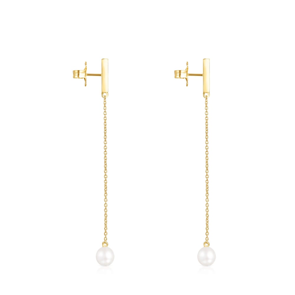 Long Nocturne bar Earrings in 18K gold vermeil with Diamonds and Pearl
