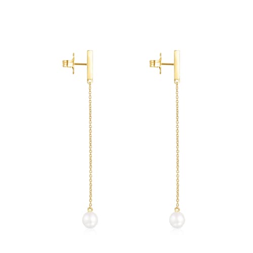 Pendientes largos barra con baño de oro 18 kt sobre plata, diamantes y perla Nocturne
