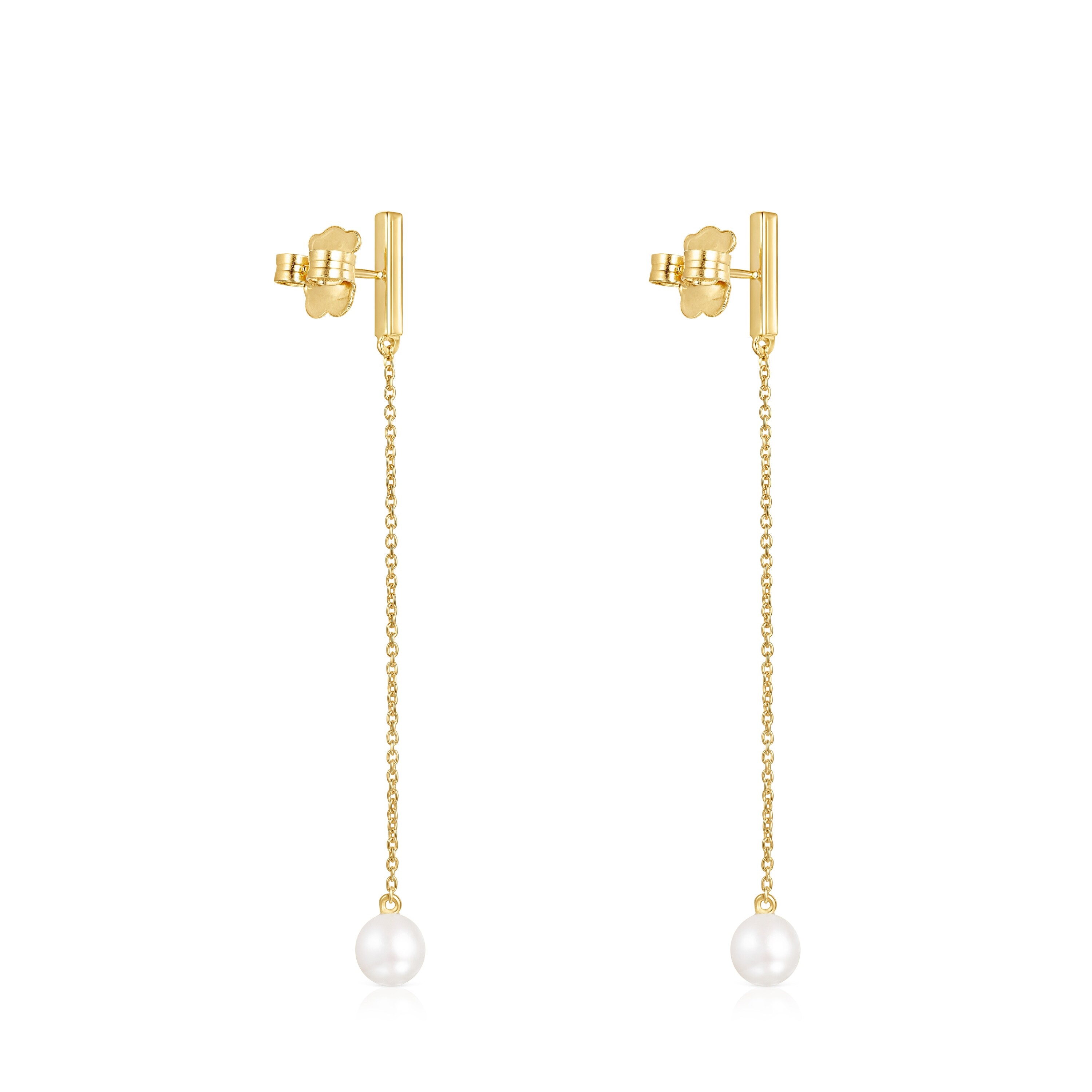Long Nocturne bar Earrings in Silver Vermeil with Diamonds and Pearl