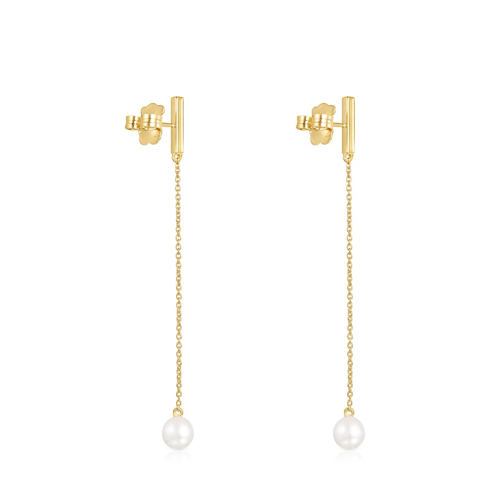 Pendientes largos barra con baño de oro 18 kt sobre plata, diamantes y perla Nocturne image number 2