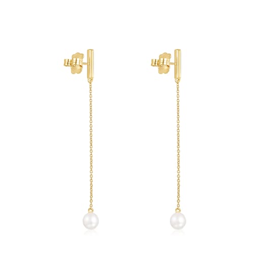 Pendientes largos barra con baño de oro 18 kt sobre plata, diamantes y perla Nocturne