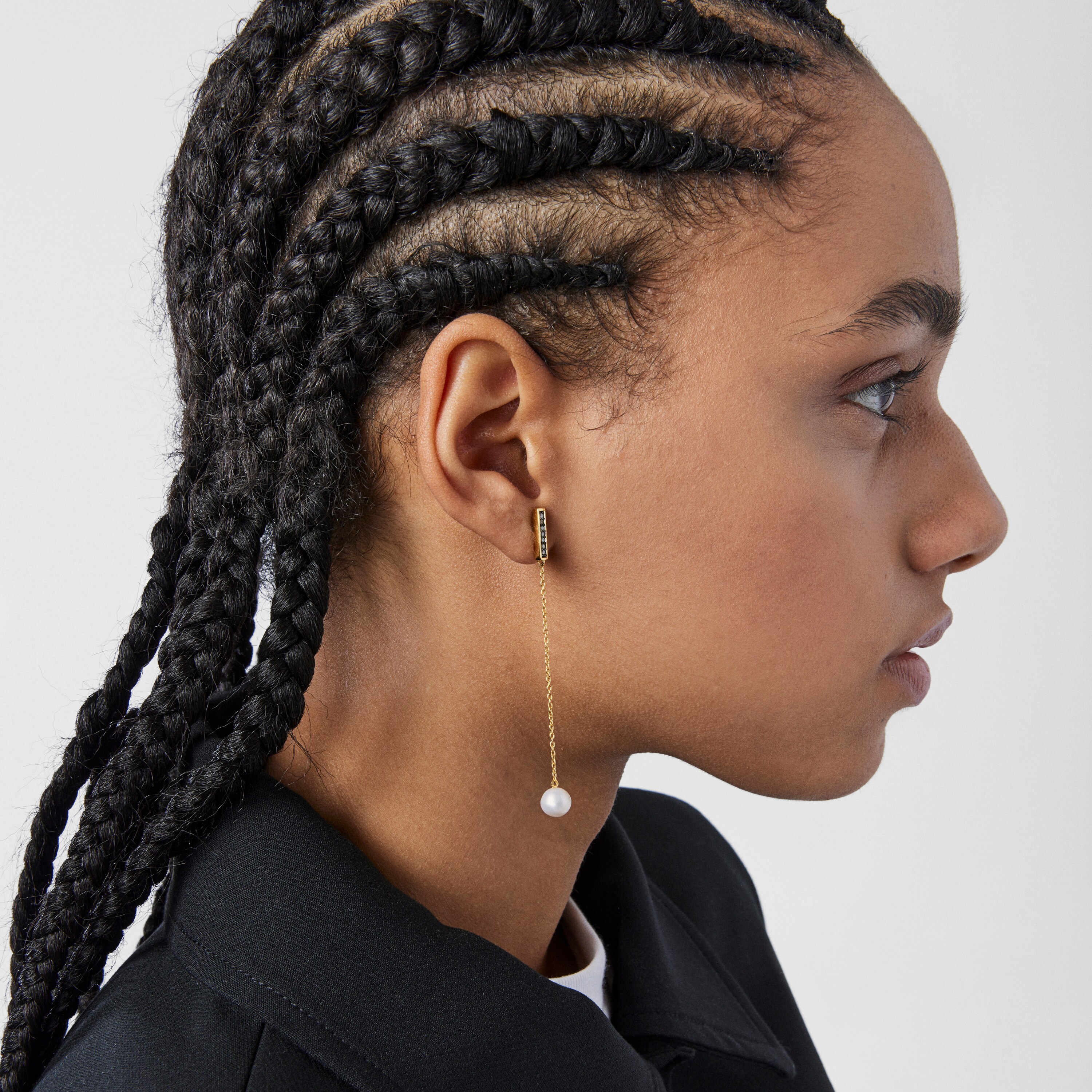 Long Nocturne bar Earrings in Silver Vermeil with Diamonds and Pearl