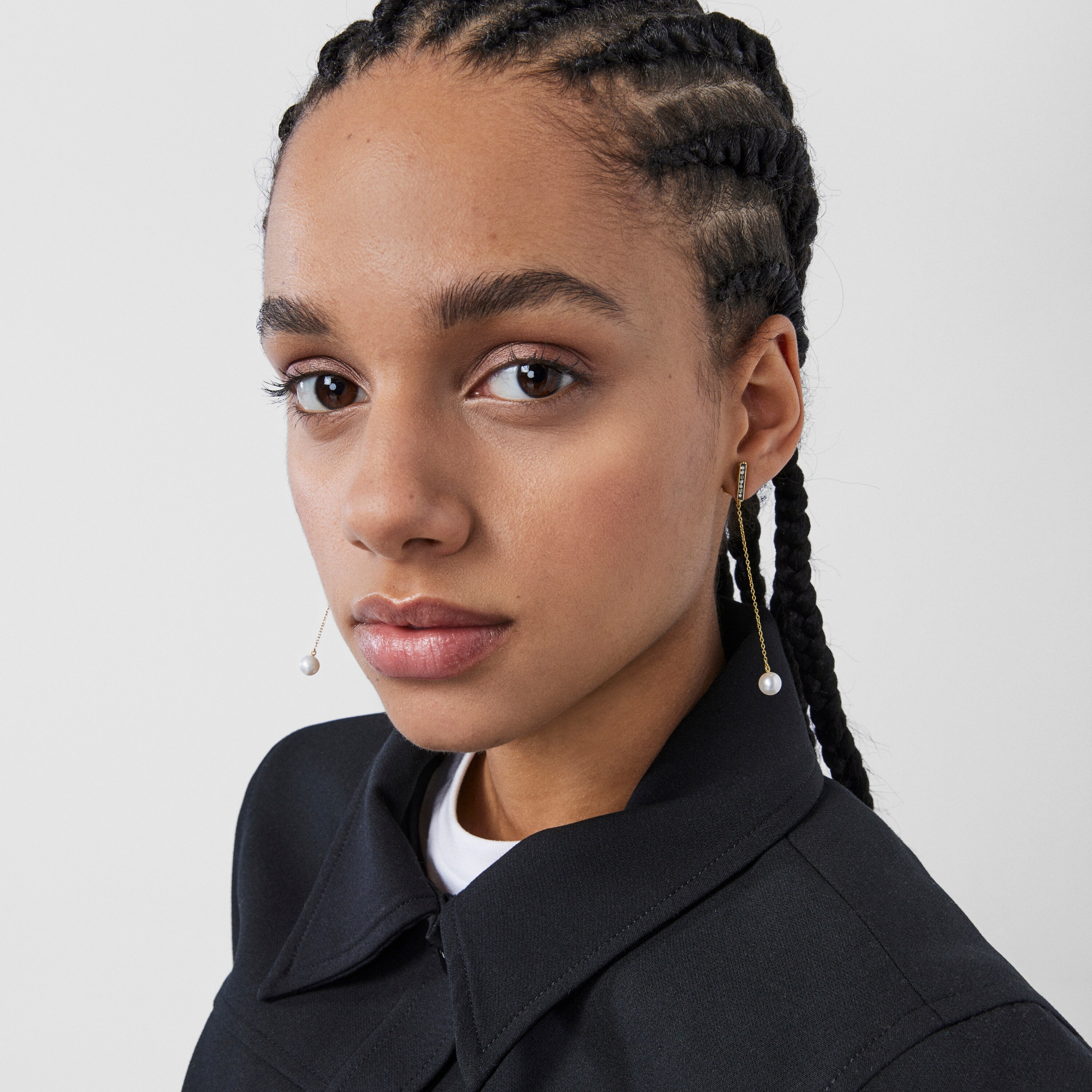 Long Nocturne bar Earrings in Silver Vermeil with Diamonds and Pearl