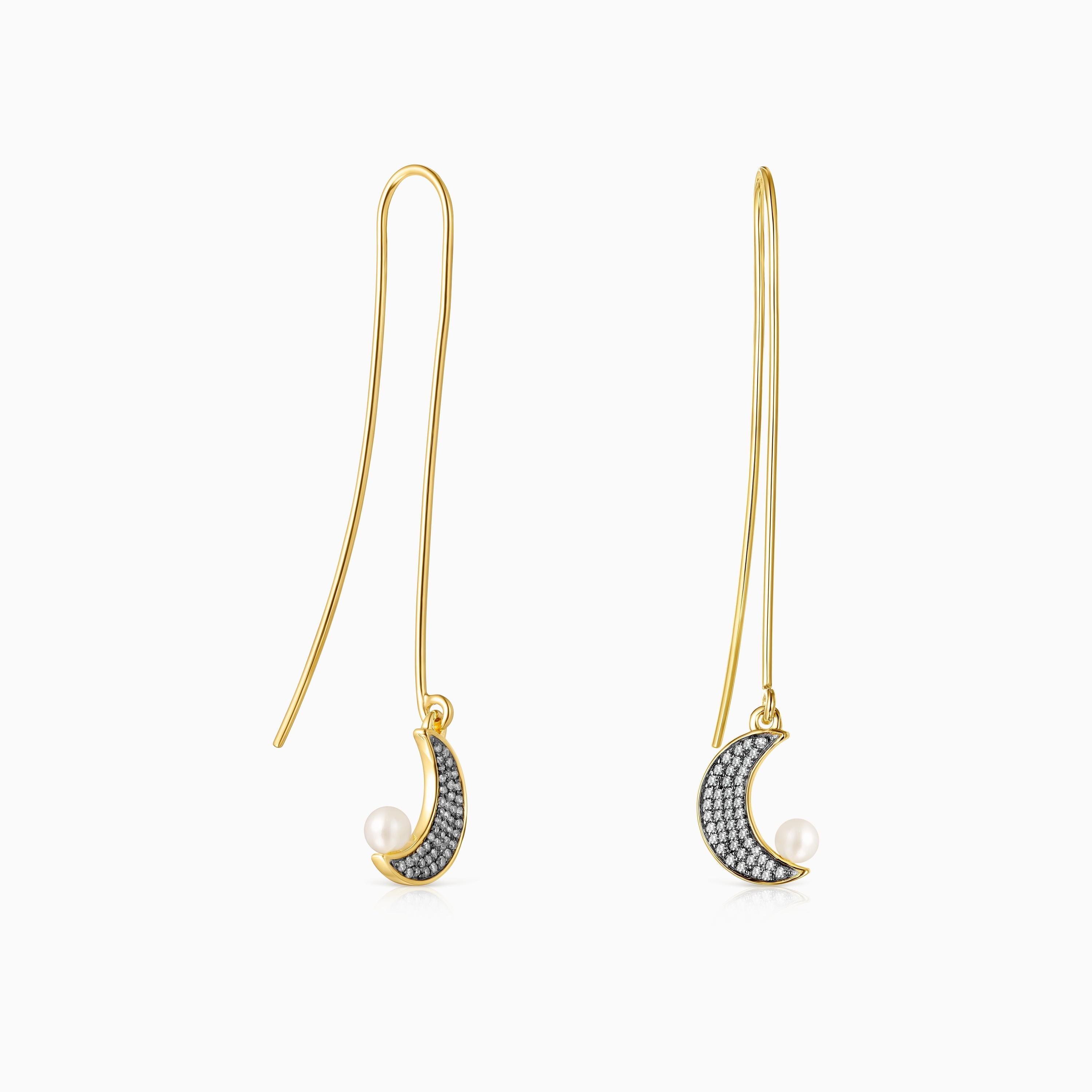 Long Nocturne half-moon Earrings in 18K gold vermeil with Diamonds and Pearl