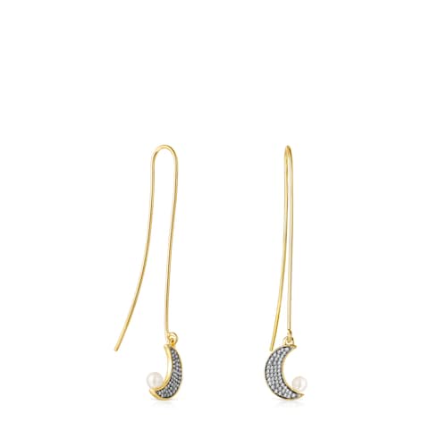 Pendientes largos luna con baño de oro 18 kt sobre plata, diamantes y perla Nocturne