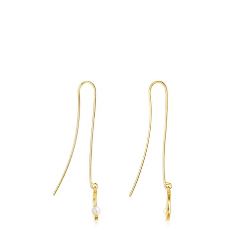 Pendientes largos luna con baño de oro 18 kt sobre plata, diamantes y perla Nocturne