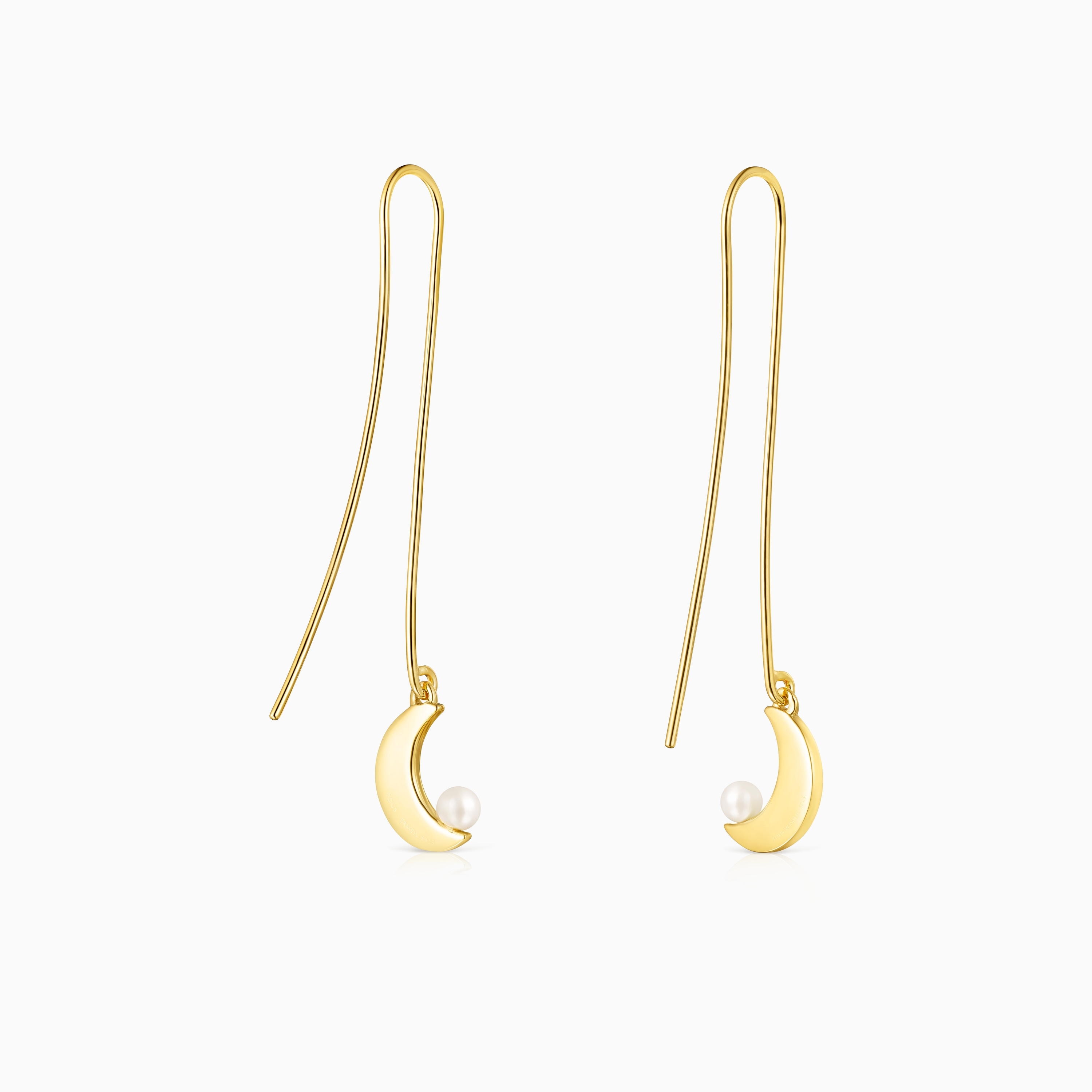 Long Nocturne half-moon Earrings in 18K gold vermeil with Diamonds and Pearl