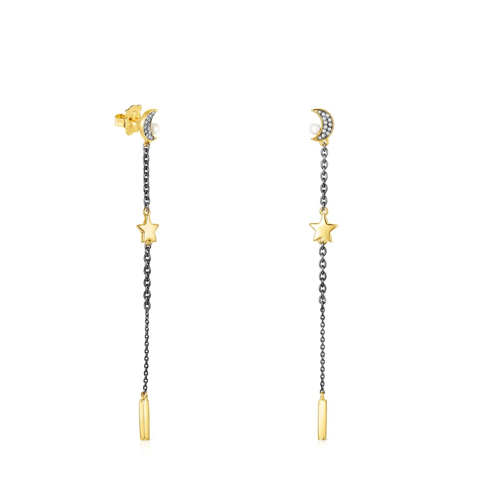 Long Nocturne Earrings in Silver Vermeil and Dark Silver with Diamonds and Pearl