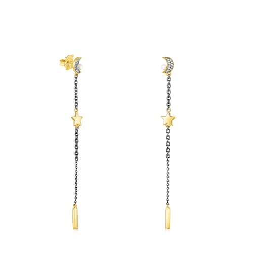 Pendientes largos con baño de oro 18 kt sobre plata, dark silver, diamantes y perla Nocturne