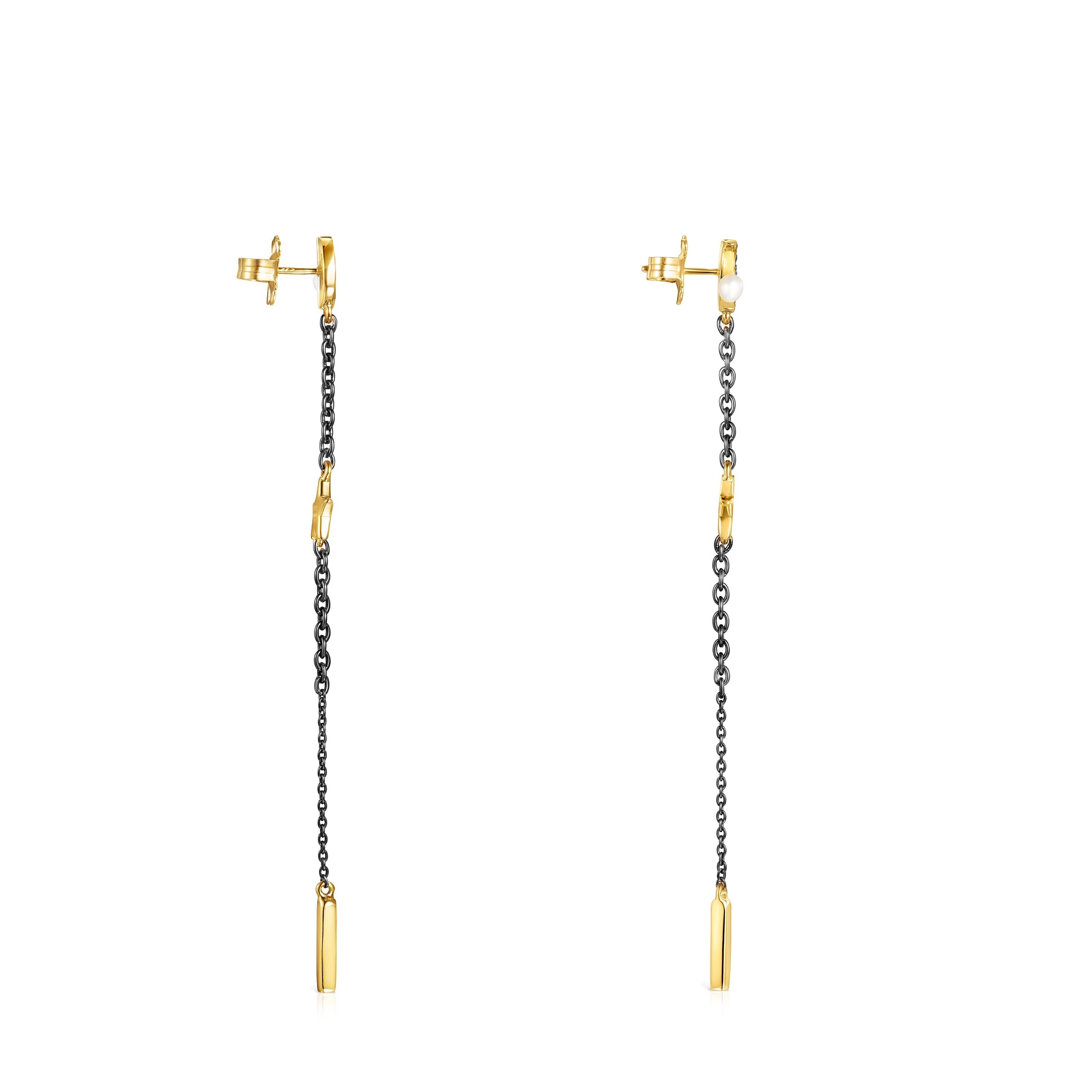 Long Nocturne Earrings in 18K gold vermeil and Dark Silver with Diamonds and Pearl