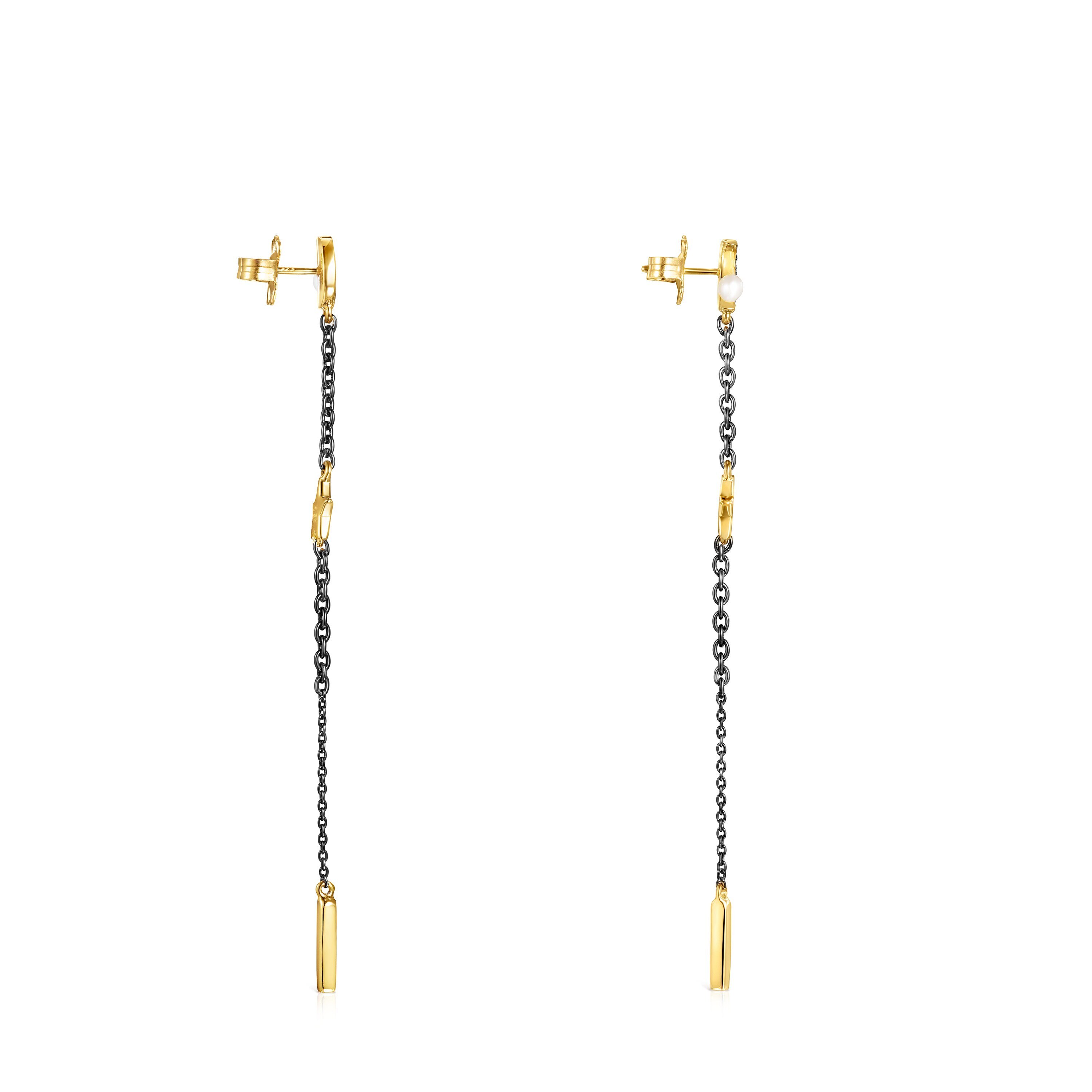 Long Nocturne Earrings in Silver Vermeil and Dark Silver with Diamonds and Pearl
