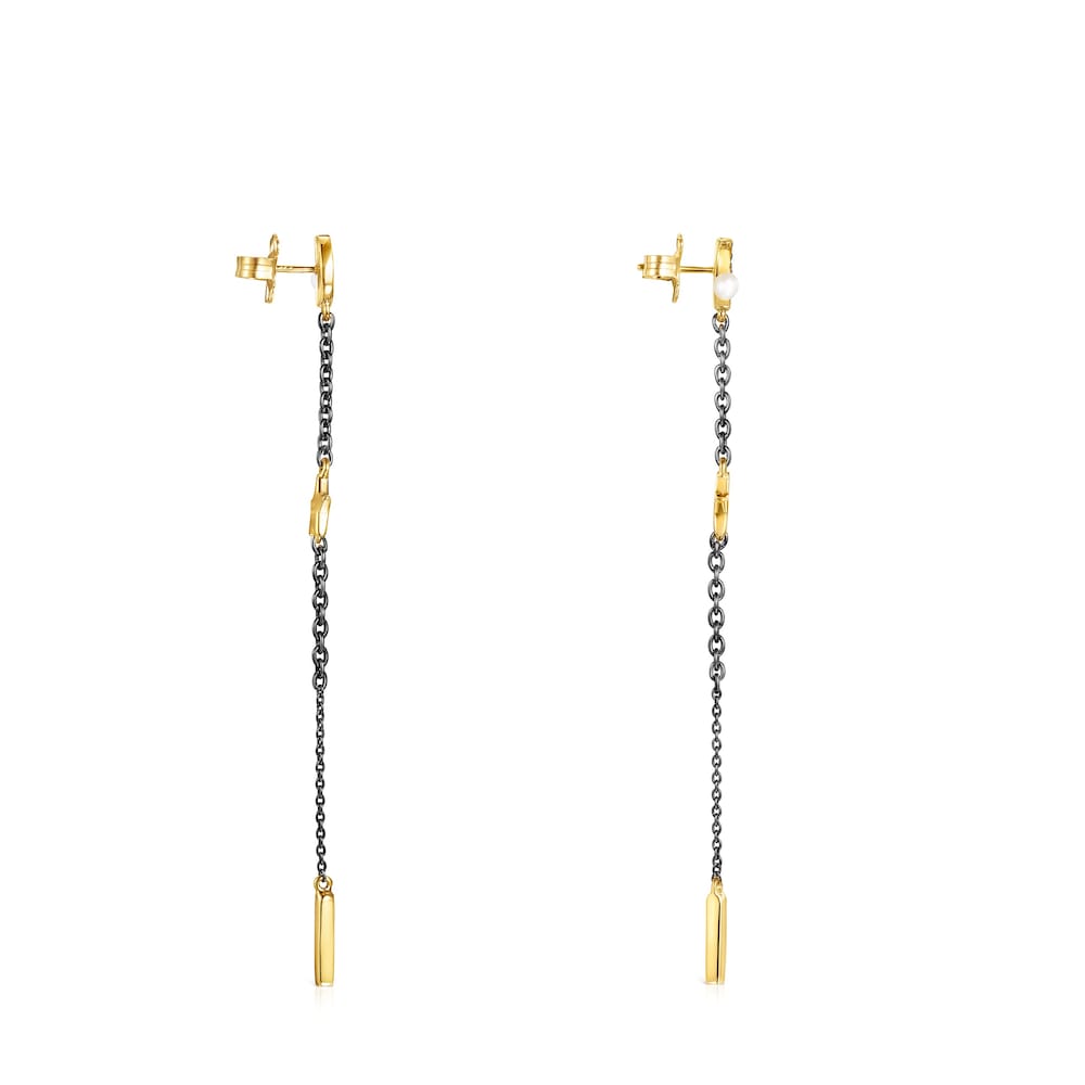Pendientes largos con baño de oro 18 kt sobre plata, dark silver, diamantes y perla Nocturne image number 1