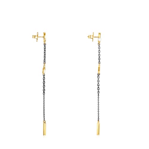 Pendientes largos con baño de oro 18 kt sobre plata, dark silver, diamantes y perla Nocturne