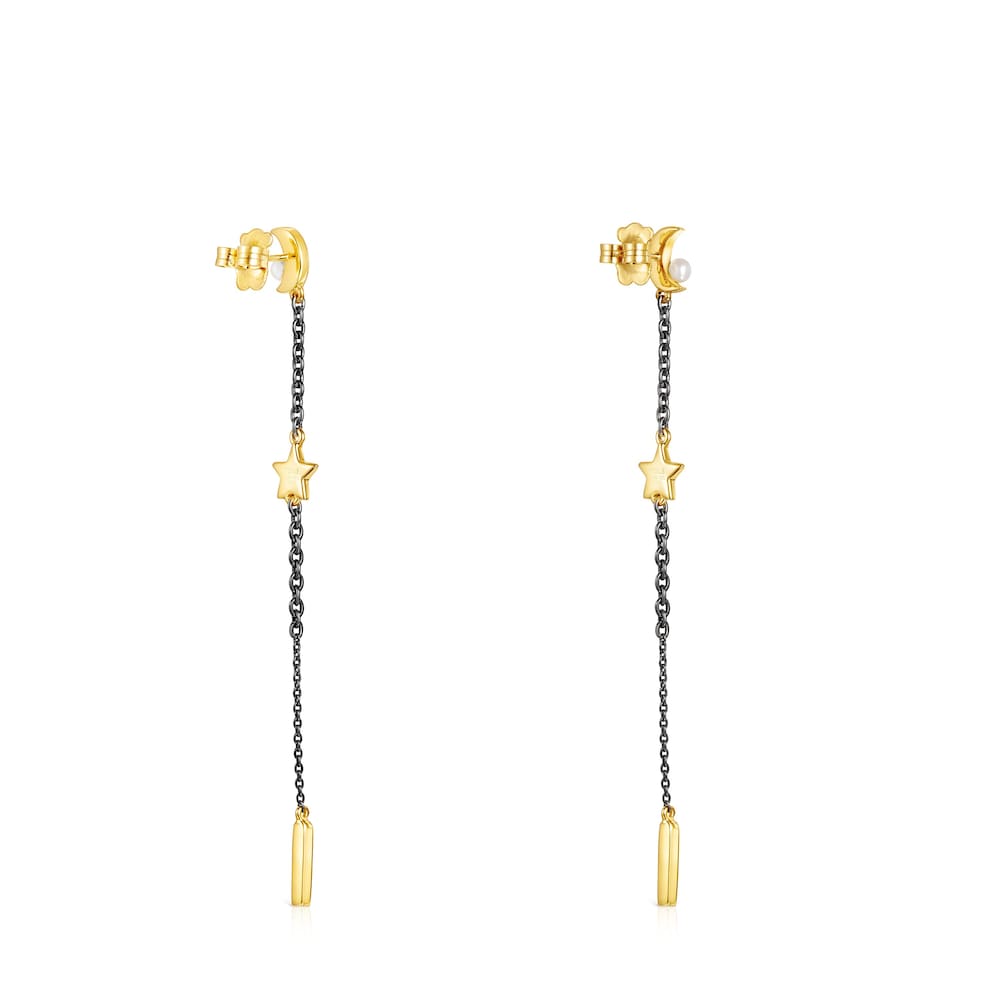 Pendientes largos con baño de oro 18 kt sobre plata, dark silver, diamantes y perla Nocturne image number 2