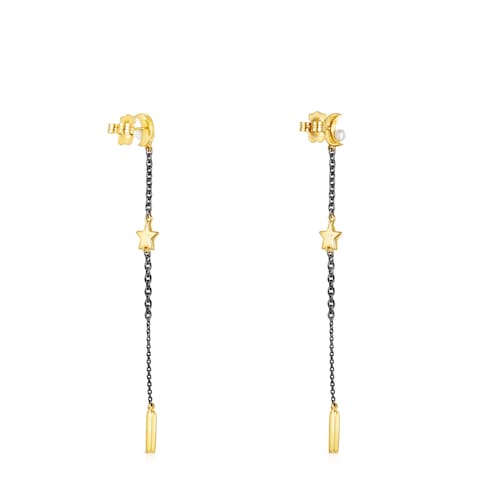 Pendientes largos con baño de oro 18 kt sobre plata, dark silver, diamantes y perla Nocturne
