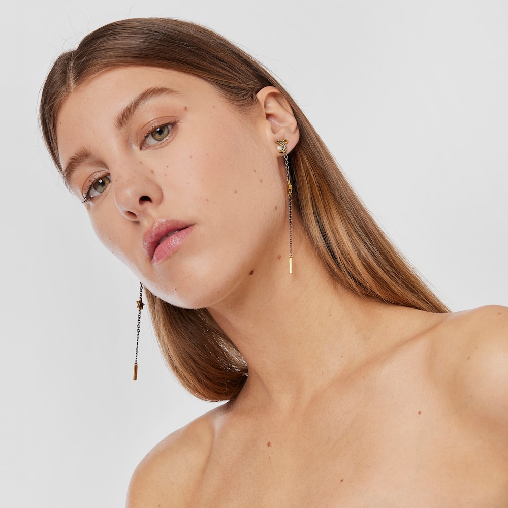 Brincos compridos Nocturne em Prata Vermeil, Dark Silver, Diamantes e P&eacute;rola