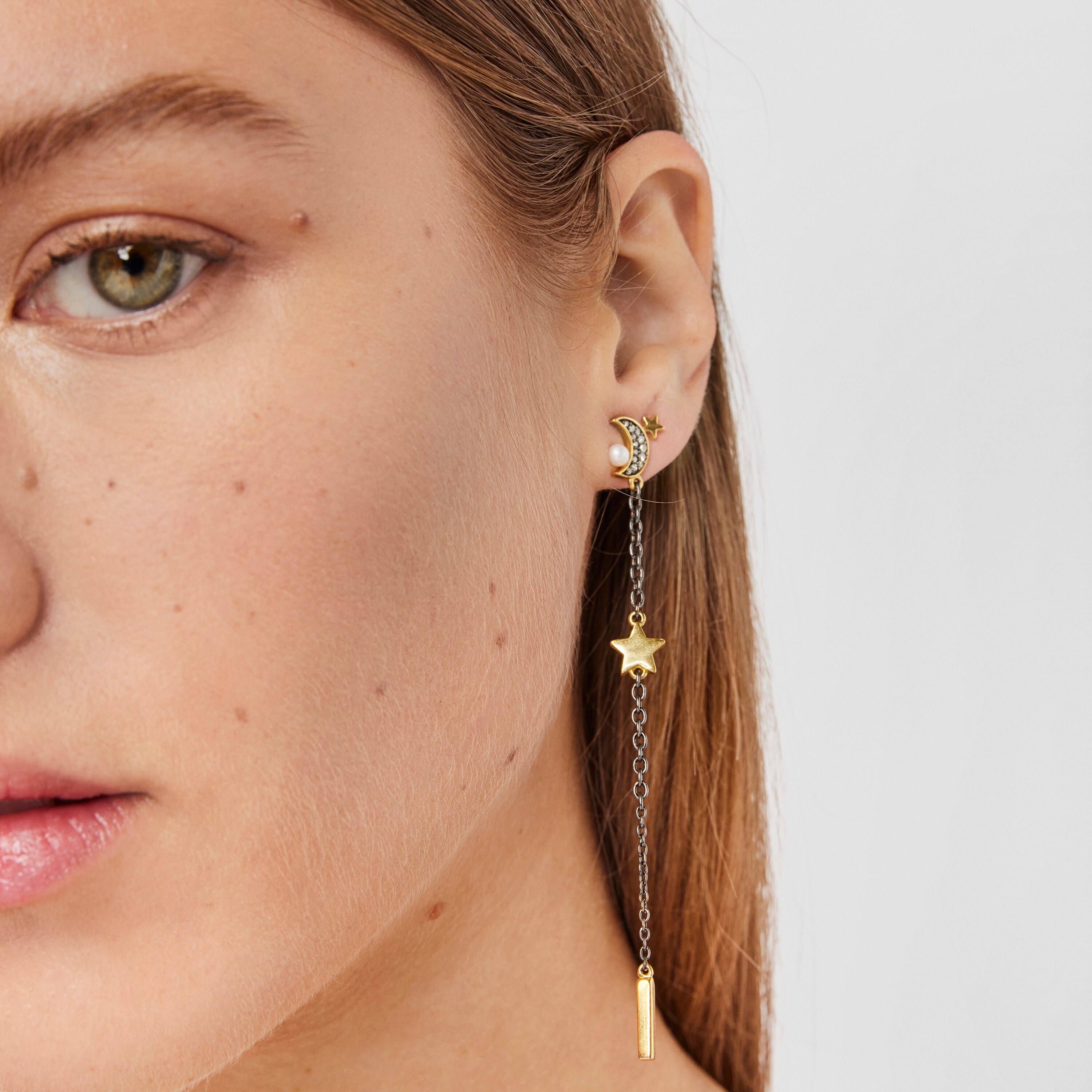 Long Nocturne Earrings in Silver Vermeil and Dark Silver with Diamonds and Pearl