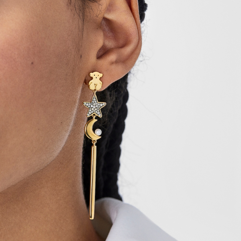 Lange Ohrringe Nocturne aus Vermeil-Gold mit Diamanten und Perle