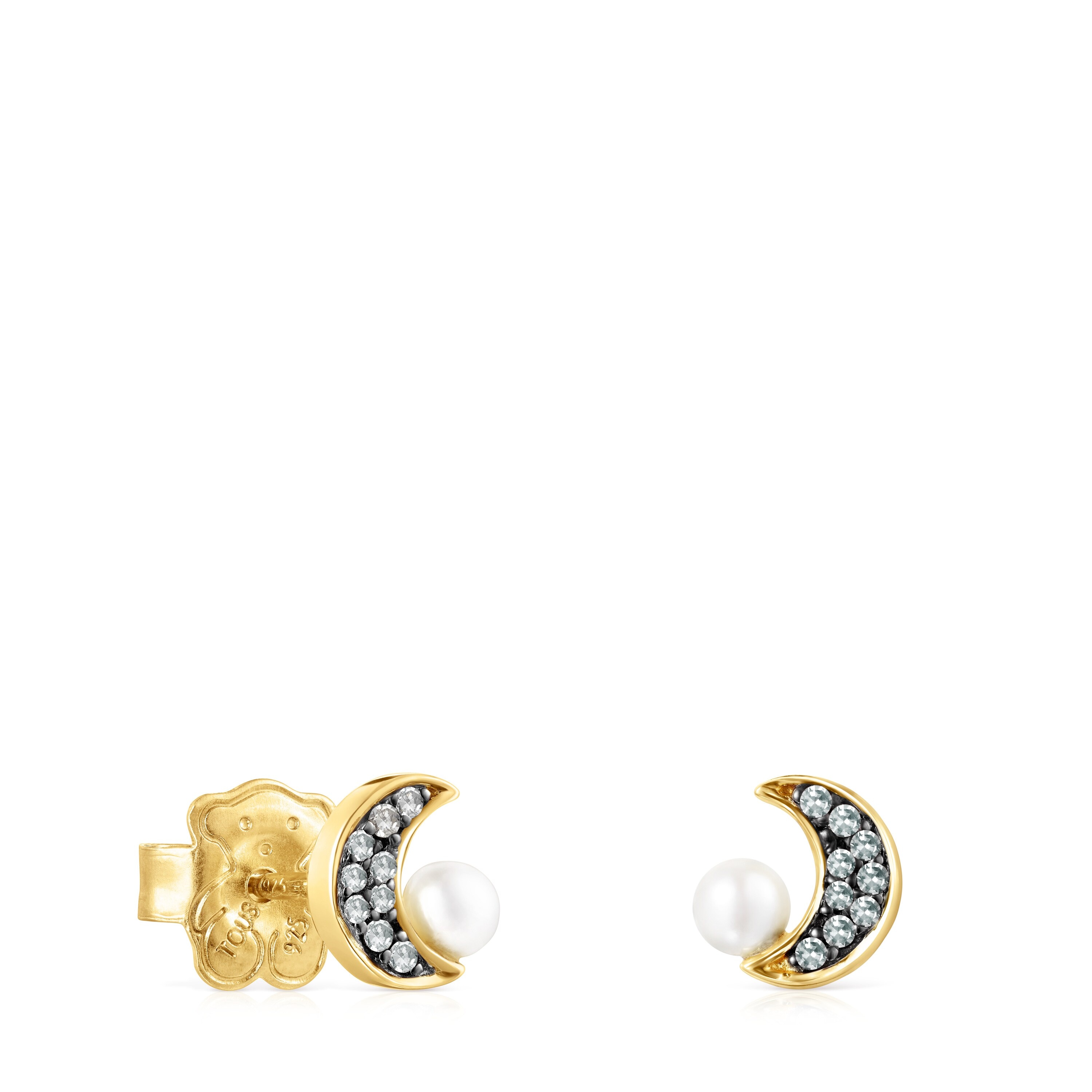 Pendientes luna con baño de oro 18 kt sobre plata, diamantes y perla Nocturne