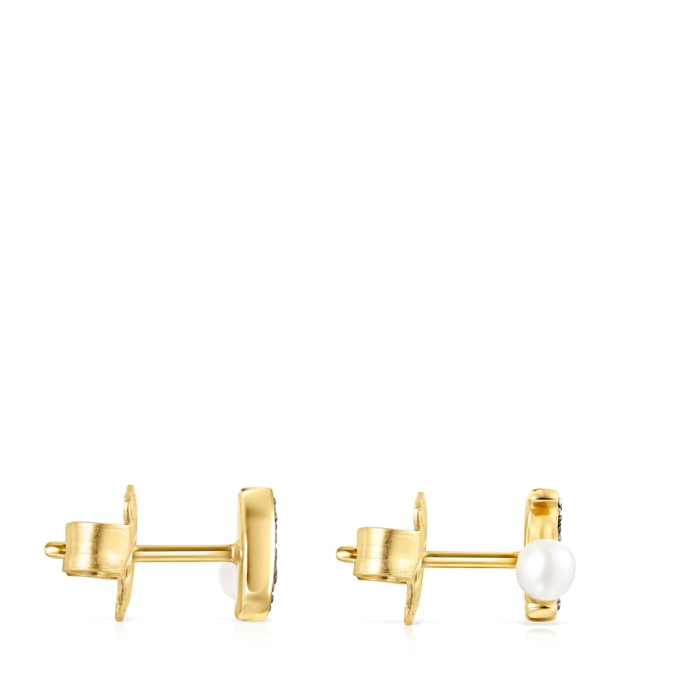 Pendientes luna con ba&ntilde;o de oro 18 kt sobre plata, diamantes y perla Nocturne