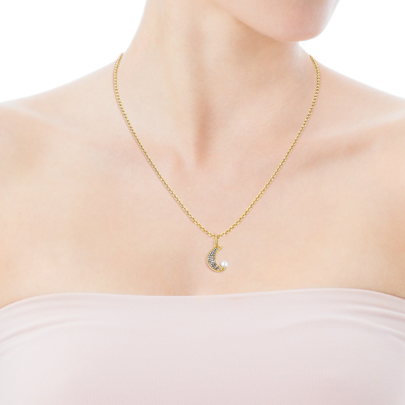 Nocturne half-moon Pendant in 18K gold vermeil with Diamonds and Pearl