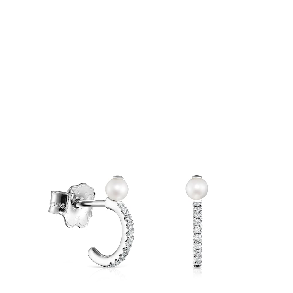 Pendientes aro pequeños de oro blanco con diamantes y perla Les Classiques image number 0
