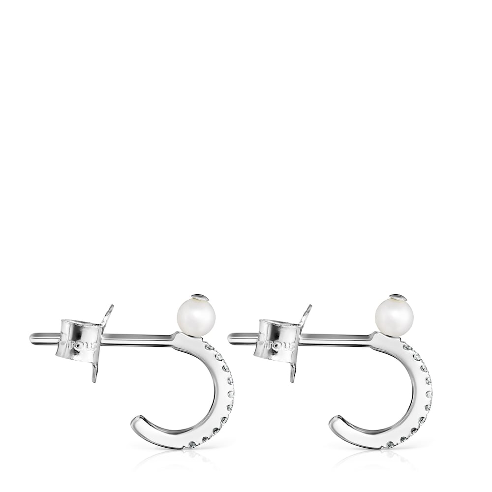 Pendientes aro pequeños de oro blanco con diamantes y perla Les Classiques image number 1