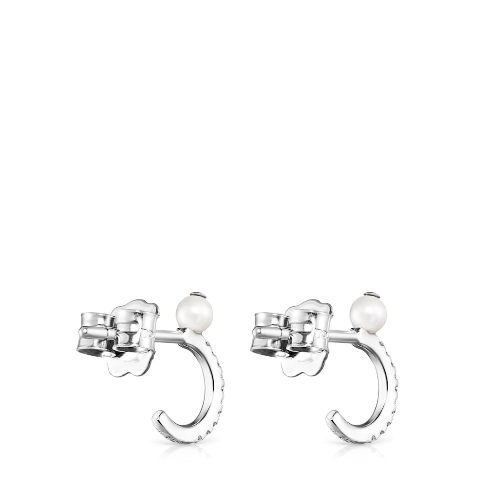 Pendientes aro pequeños de oro blanco con diamantes y perla Les Classiques image number 2