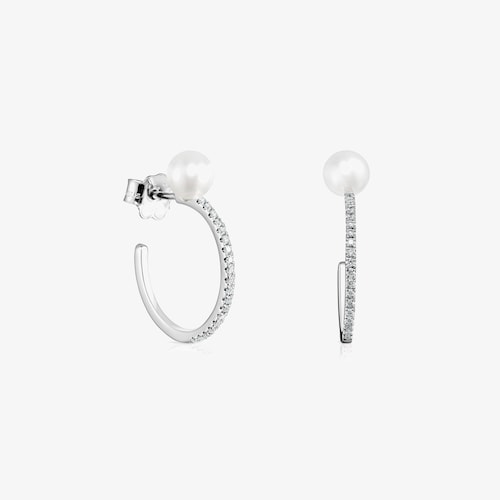 Pendientes aro grandes de oro blanco 18K con diamantes y perla Les Classiques