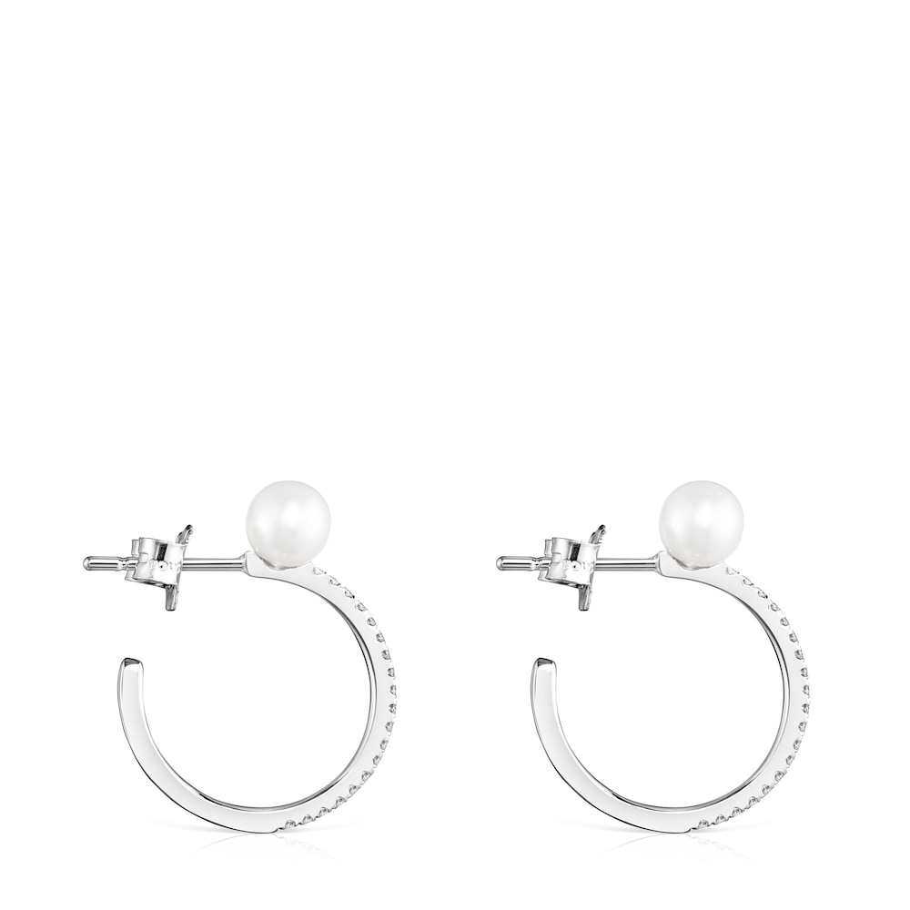 Pendientes aro grandes de oro blanco con diamantes y perla Les Classiques image number 1