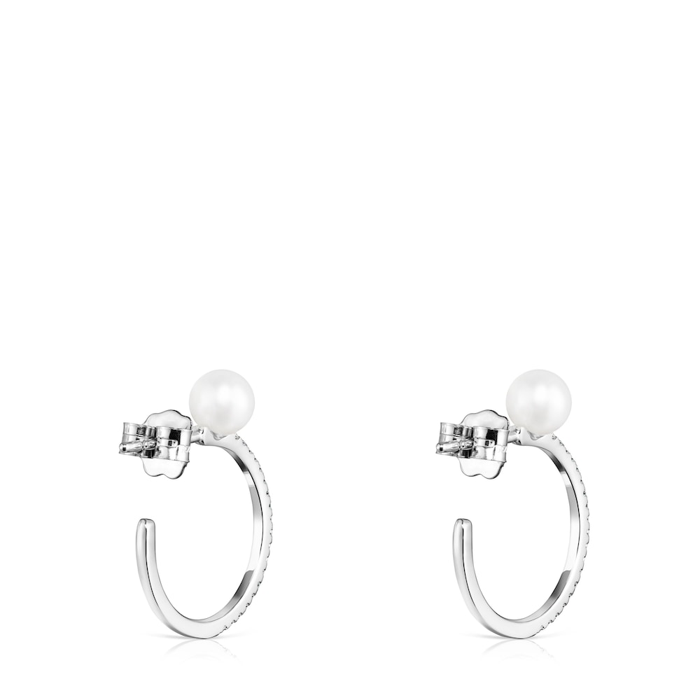Pendientes aro grandes de oro blanco con diamantes y perla Les Classiques image number 2