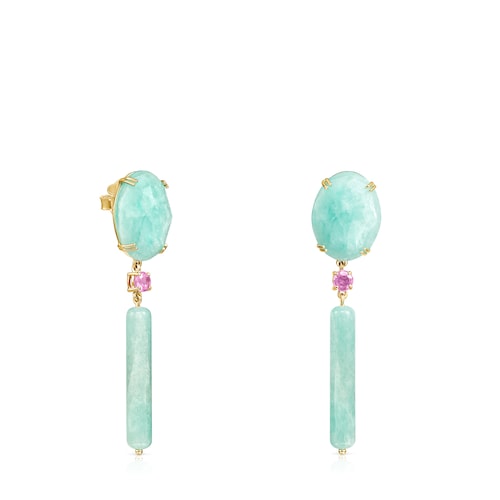 Brincos compridos Vita em Ouro com Amazonite e Rubi