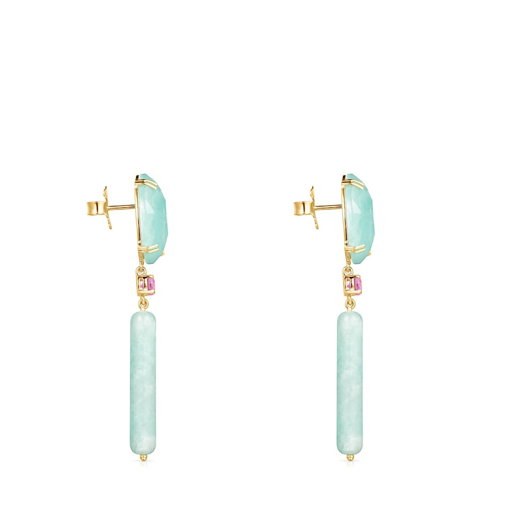Brincos compridos Vita em Ouro com Amazonite e Rubi