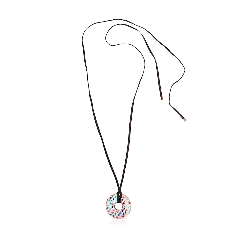 Tartan Disc Necklace in Rose 18K gold vermeil with Mother-of-Pearl and brown Leather