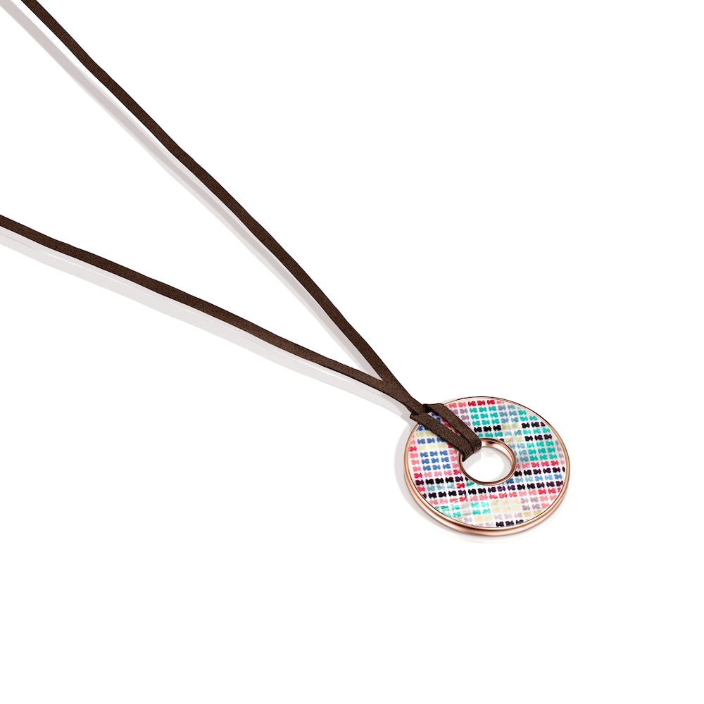 Tartan Disc Necklace in Rose 18K gold vermeil with Mother-of-Pearl and brown Leather