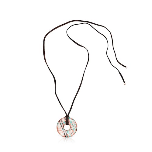 Collar disco con baño de oro rosa 18 kt sobre plata y esmalte y cuero marrón Tartan