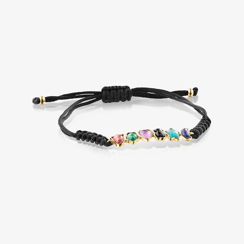 Pulsera con ba&ntilde;o de oro 18 kt sobre plata y gemas y cord&oacute;n negro Glory