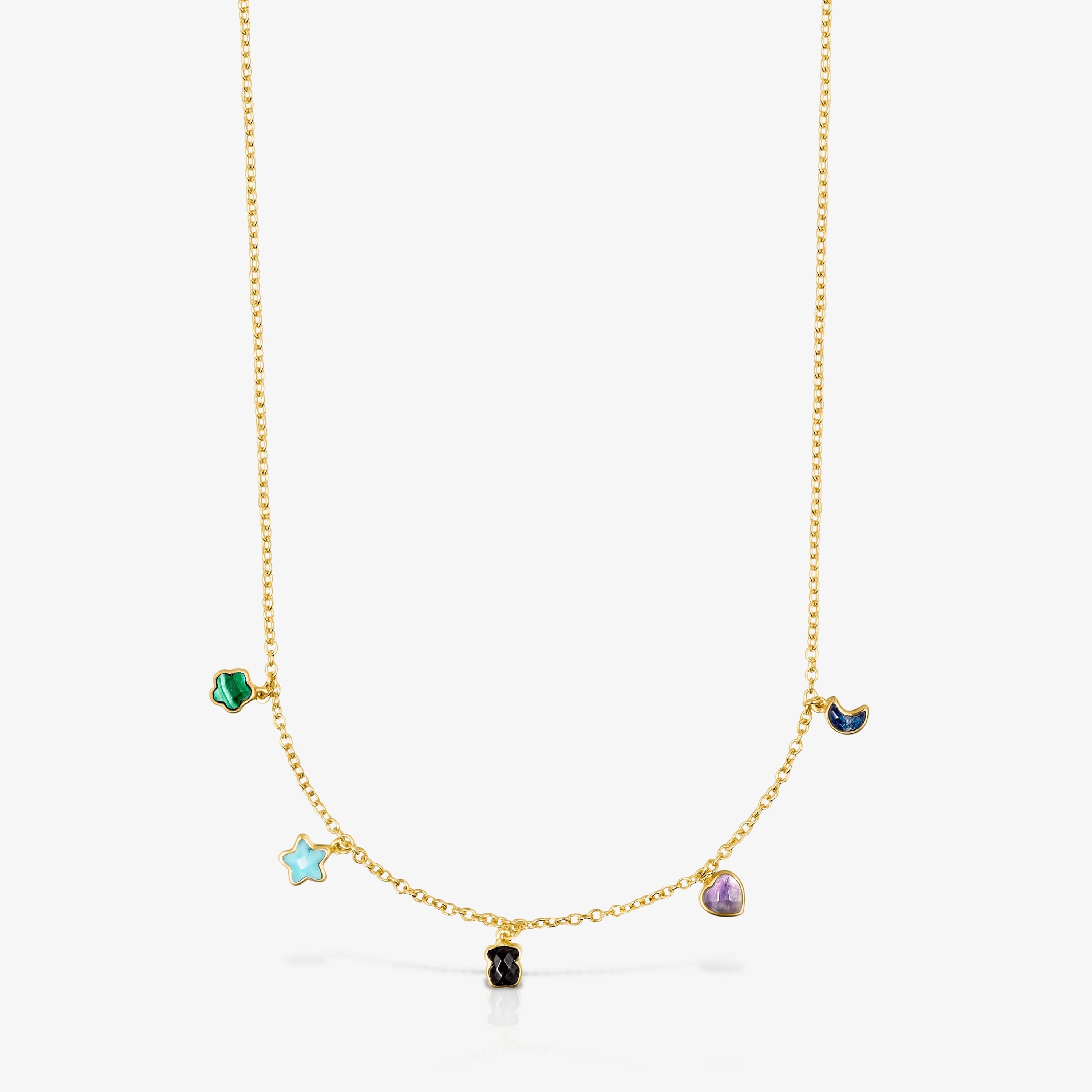 Glory Necklace in 18K gold vermeil with five multicolor Gemstones 2/25"-1/5" motifs. 17 18/25