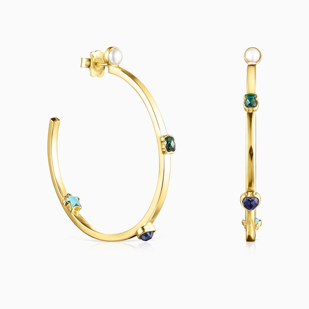 Aretes grandes Glory con ba&ntilde;o de oro 18 kt sobre plata con Gemas