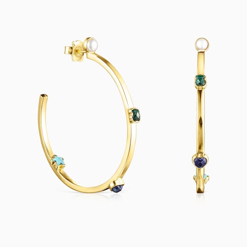 Aretes grandes Glory con ba&ntilde;o de oro 18 kt sobre plata con Gemas